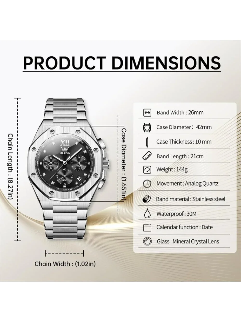 Mens Silver Black Luxury Stainless Steel Octagon Analog Quartz Chronograph Watch